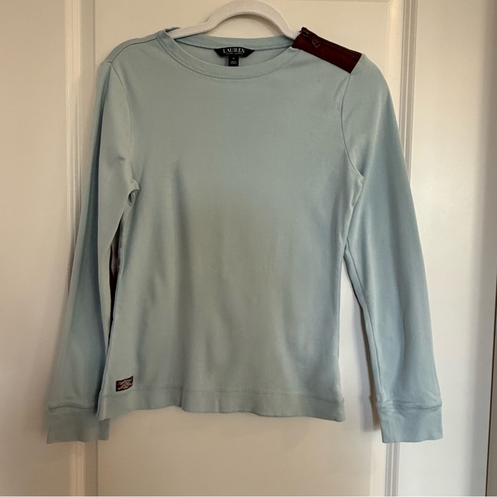 Ralph Lauren Equestrian Light Teal Long-Sleeve Crewneck Top with Faux Suede